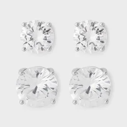 Silver Plated Cubic Zirconia Round Stud Post Earring Set 2pc - A New Day™ Silver 8/10mm