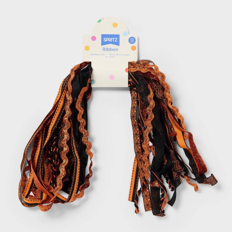 slide 1 of 3, 12ct 36" Halloween Mixed Ribbon Bundle Orange/Black - Spritz™, 12 ct; 36 in