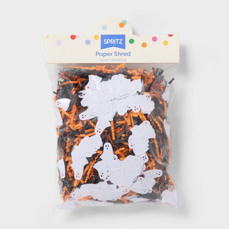 slide 1 of 3, 1.5oz Diecut Ghost Halloween Paper Shred Filler Orange/Black - Spritz™, 1.5 oz