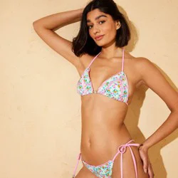 Women's Floral Print Double Ruffle Trim with Center Beads Triangle Bikini Top - Wild Fable™ Mint/Pink L