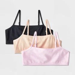 Girls' 3pk Straight Neck Ribbed Bralette - Cat & Jack™ Black/Beige/Pink XL