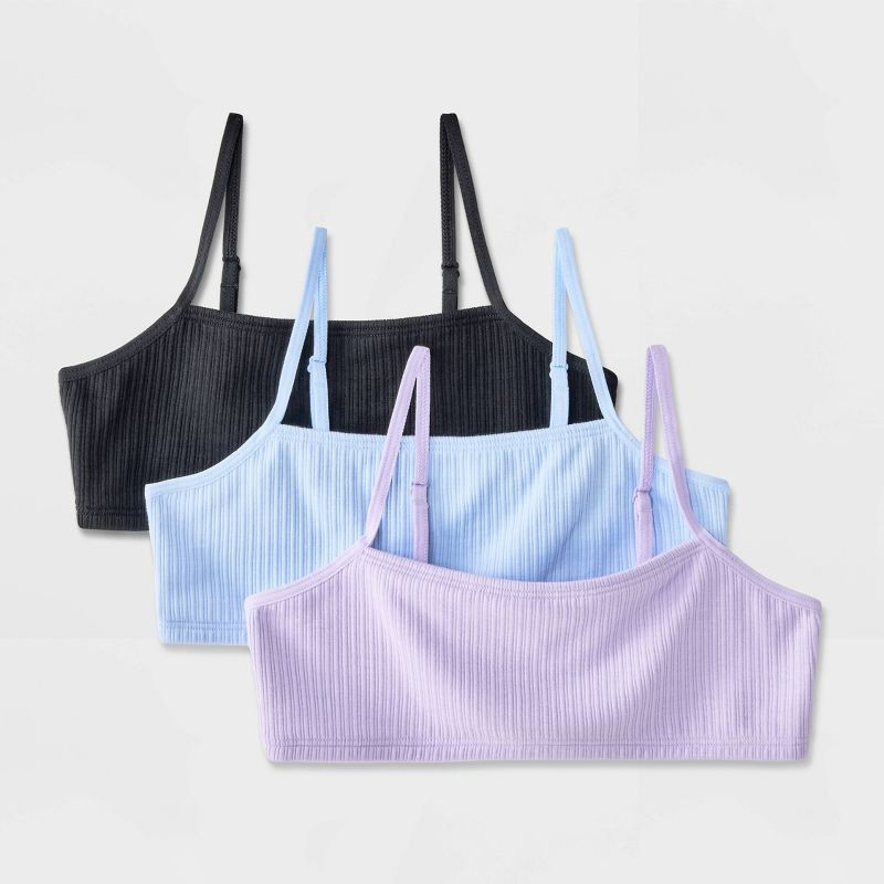 slide 1 of 4, Girls' 3pk Straight Neck Ribbed Bralette - Cat & Jack™ Black/Blue/Purple XL, 3 ct