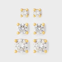 14K Gold Plated Cubic Zirconia Stud Stainless Steel Post Earring Set 3pc - A New Day™