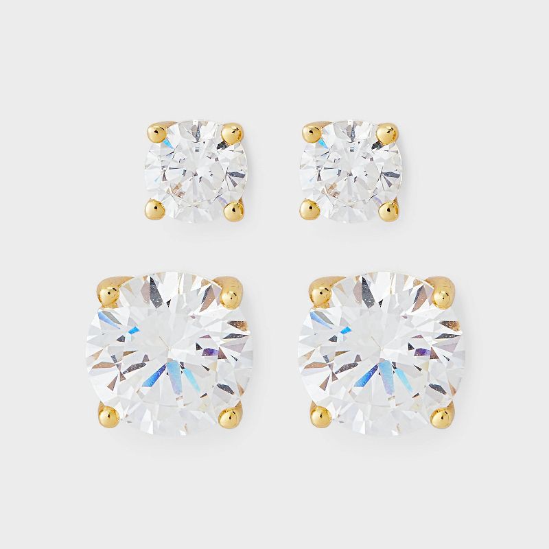 slide 1 of 3, 14K Gold Plated Cubic Zirconia Stainless Steel Post Earring Set 2pc - A New Day™ : 5mm, 8mm, 2 ct