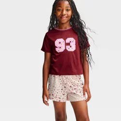 Girls' 2pc "93" T-Shirt and Shorts Pajama Set - Cat & Jack™ Burgundy/Cream M