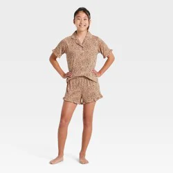 Girls' 2pc Leopard Button-Down Pajama Set - art class™ Brown L