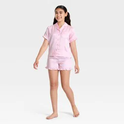 Girls' 2pc Satin Button-Down Pajama Set - art class™ Pink L