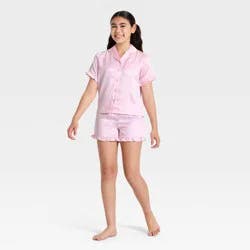 Girls' 2pc Satin Button-Down Pajama Set - art class™ Pink L