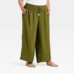 Women's High-Rise Tie-Front Wide Leg Pull-On Pants - Ava & Viv™ Olive Green 3X