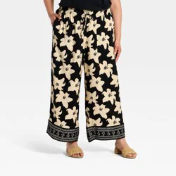 Women's High-Rise Tie-Front Wide Leg Pull-On Pants - Ava & Viv™ Black Floral 1X