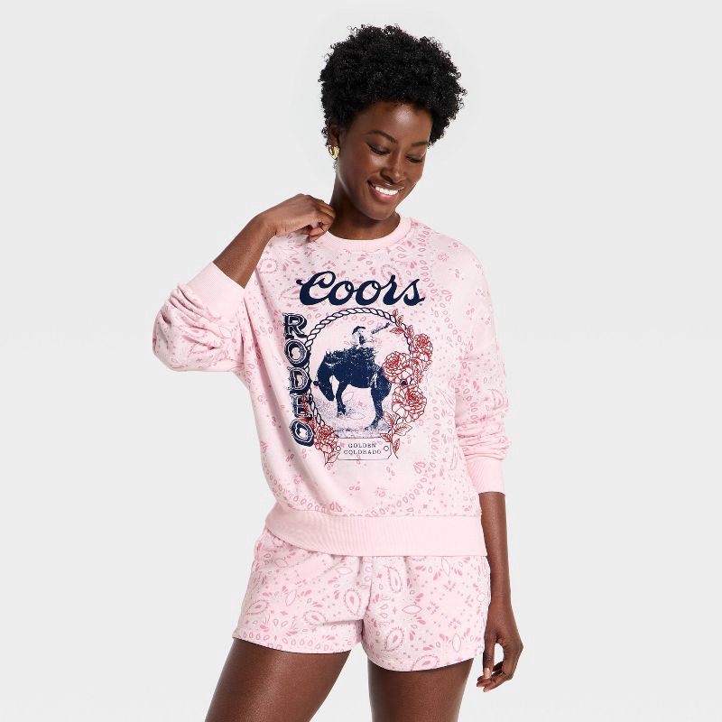 slide 1 of 3, Women's Crewneck Coors Paisley Fleece Graphic Pullover Sweatshirt - Light Pink L, 1 ct