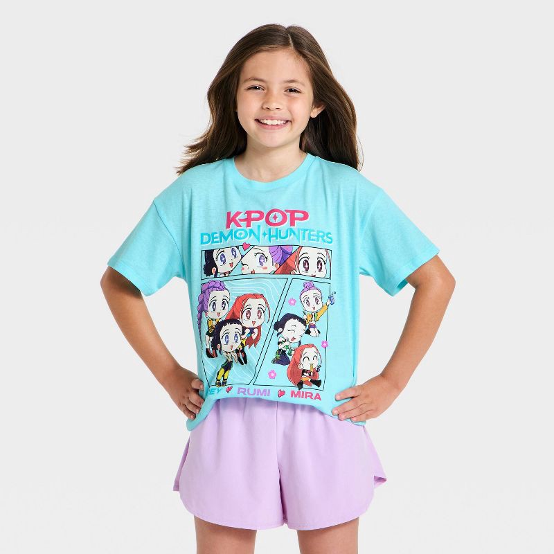 slide 1 of 4, Girls' KPop Demon Hunters Snacks Short Sleeve Graphic T-Shirt - Blue M, 1 ct