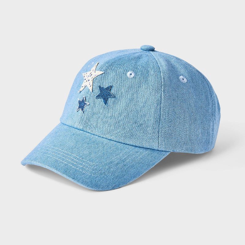 slide 1 of 3, Girls' Denim Baseball Hat with Stars - Cat & Jack™ Blue, 1 ct