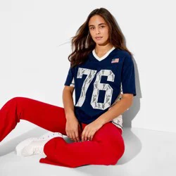 Zoe+Liv Women's USA Lace Short Sleeve Graphic Jersey T-Shirt - Blue S