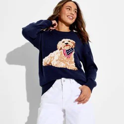 Zoe+Liv Women's Americana Dog Long Sleeve Graphic Pullover Sweater- Blue XS