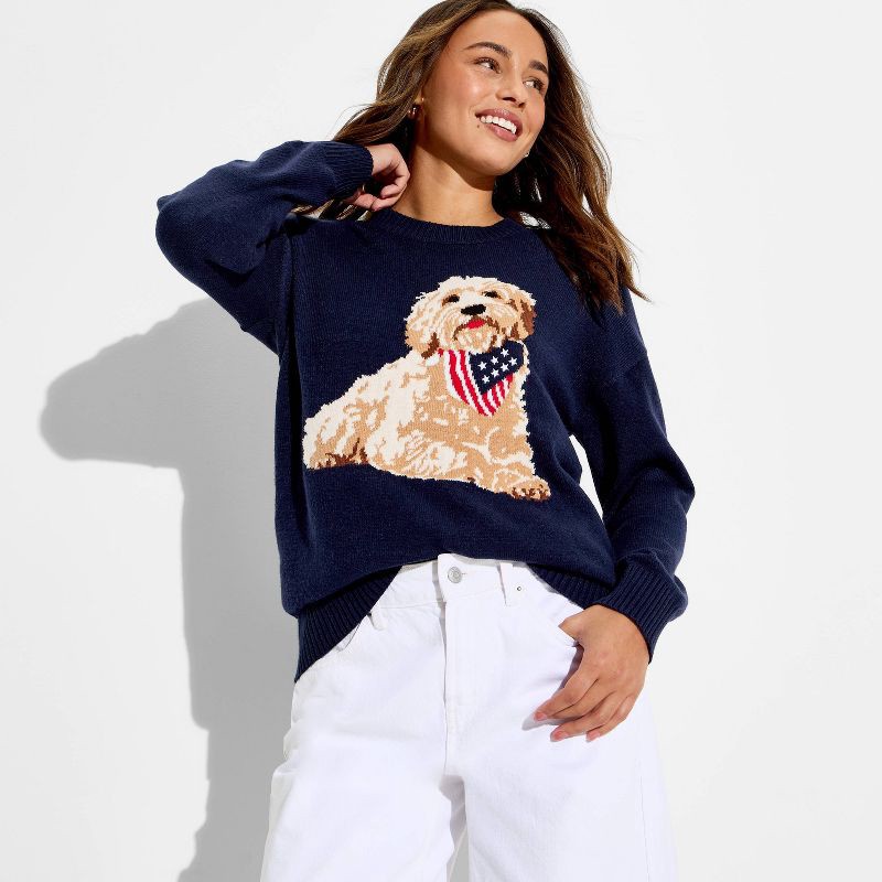 slide 1 of 3, Zoe+Liv Women's Americana Dog Long Sleeve Graphic Pullover Sweater- Blue M, 1 ct