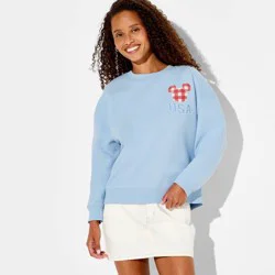 Disney Women's Crewneck Mickey Balloons USA Graphic Pullover Sweatshirt - Blue M