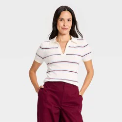 Women's Johnny Collar Pullover Sweater T-Shirt - A New Day™ Cream Striped XL