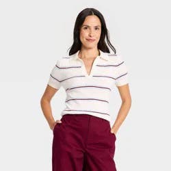 Women's Johnny Collar Pullover Sweater T-Shirt - A New Day™ Cream Striped XL