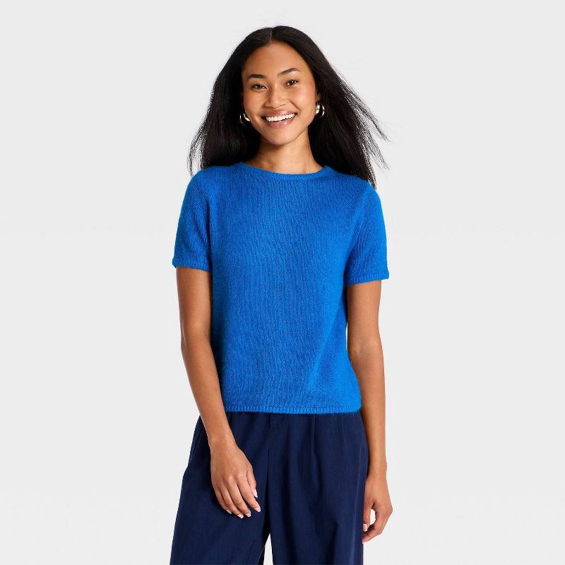 slide 1 of 3, Women's Airy Knit Crewneck Pullover Sweater - A New Day™ Blue S, SM