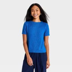 Women's Airy Knit Crewneck Pullover Sweater - A New Day™ Blue M