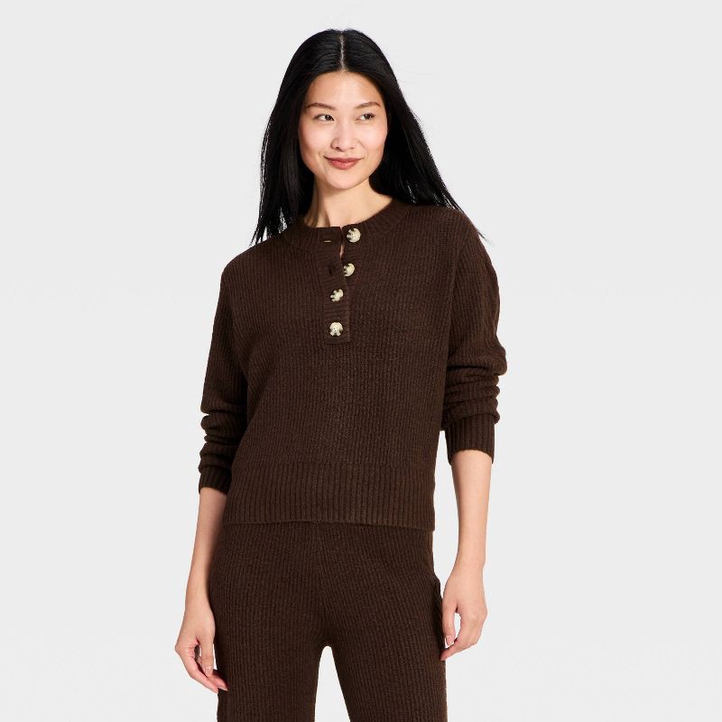 slide 1 of 3, Women's Cable Knit Henley Sweater - Auden™ Brown M, MED