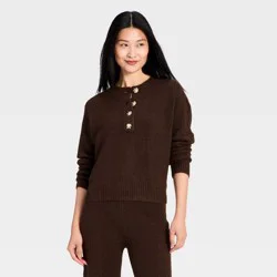 Women's Cable Knit Henley Sweater - Auden™ Brown M