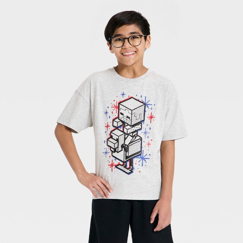 slide 1 of 3, Boys' Minecraft 4th of July Short Sleeve Oversized Graphic T-Shirt - Gray M, 1 ct