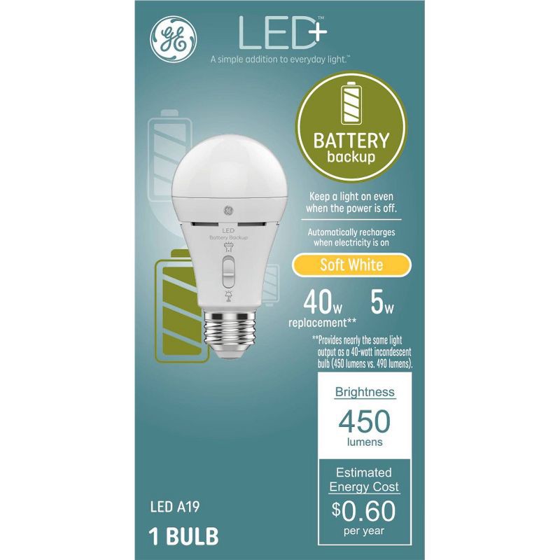 slide 1 of 9, GE Household Lighting LED+ Battery Backup A19 SW, 1 ct