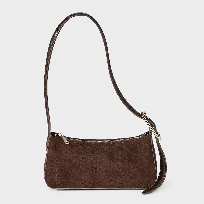 slide 1 of 6, Faux Suede Elongated Belt Strap Shoulder Bag - A New Day™ Brown, 1 ct