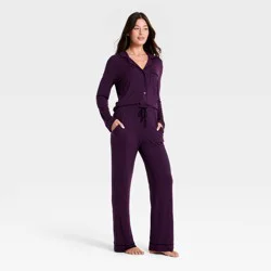 Women's Cloud Knit Modal Long Sleeve Notch Collar Top and Pants Pajama Set - Auden™ Dark Purple XXL