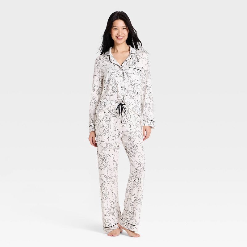 slide 1 of 3, Women's Cloud Knit Modal Long Sleeve Notch Collar Top and Pants Pajama Set - Auden™ White M, 1 ct