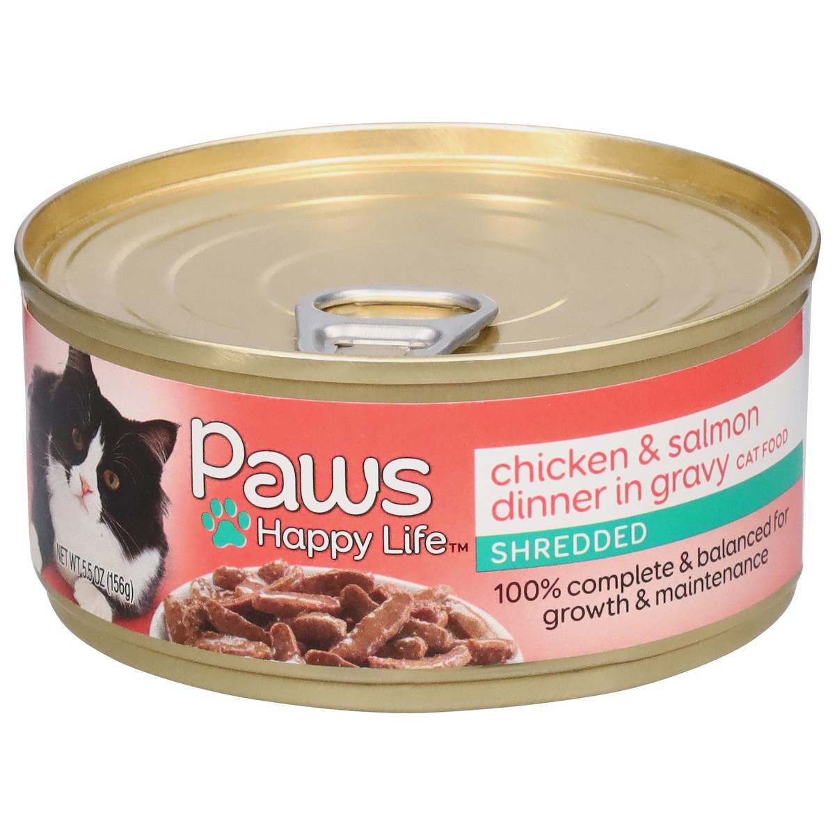 slide 1 of 11, Paws Happy Life Shredded Chicken & Salmon Dinner Cat Food in Gravy 5.5 oz, 5.5 oz