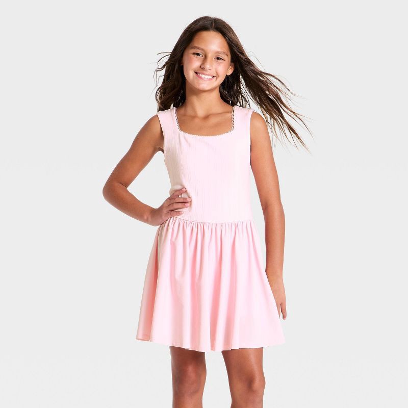 slide 1 of 3, Girls' Pointelle Active Dress - All In Motion™ Light Pink L, LG