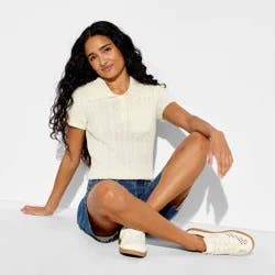 Women's Short Sleeve Cable Polo Pullover Sweater - Wild Fable™ Cream L