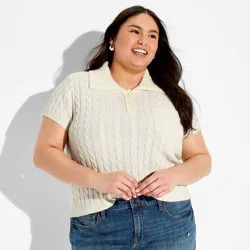 Women's Short Sleeve Cable Polo Pullover Sweater - Wild Fable™ Cream XXL