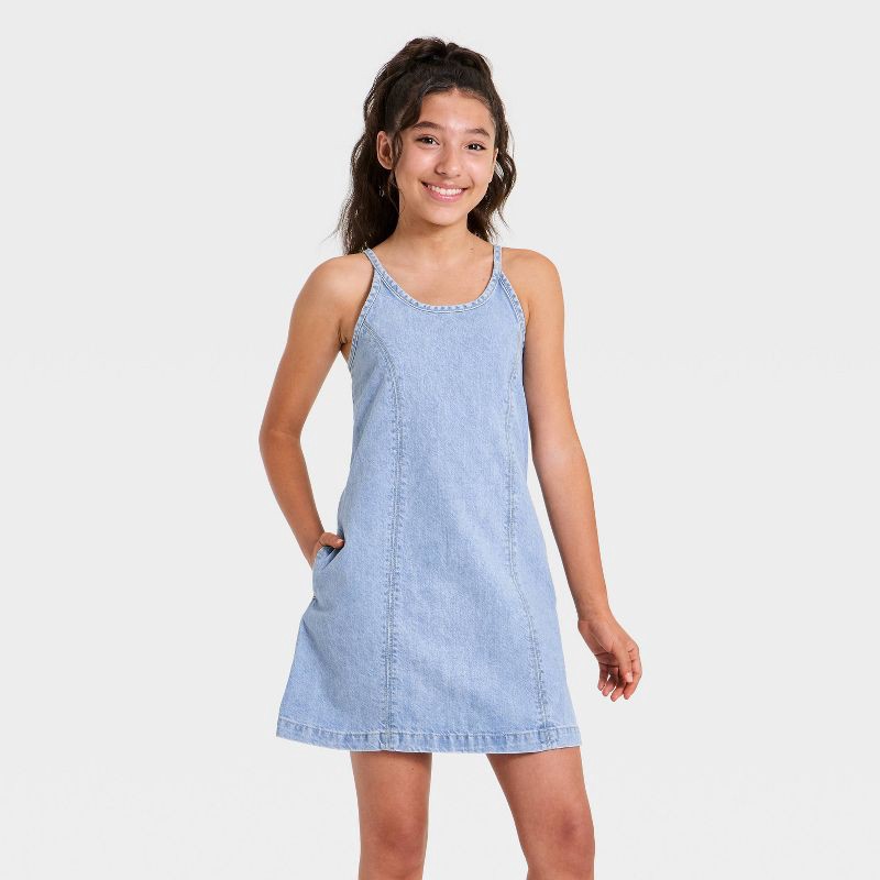 slide 1 of 3, Girls' Denim Shift Dress - art class Light Wash L, 1 ct