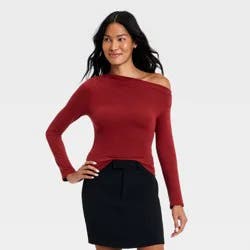 Women's One Shoulder Asymmetrical Knit Ribbed Top - A New Day™ Burgundy M