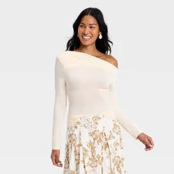 Women's One Shoulder Asymmetrical Knit Ribbed Top - A New Day™ Beige L