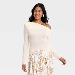 Women's One Shoulder Asymmetrical Knit Ribbed Top - A New Day™ Beige L