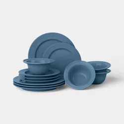12pk Stoneware Briarwood Rimmed Dinnerware Set Blue - Threshold™
