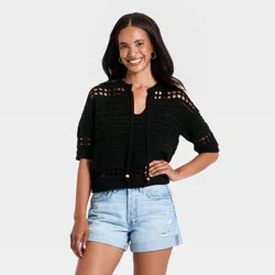 Women's Short Sleeve Openwork V-Neck Pullover Sweater - Universal Thread™ Black L