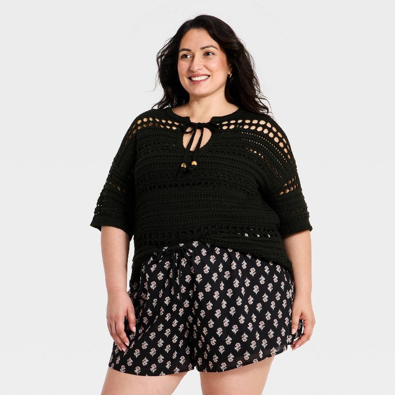 slide 1 of 3, Women's Short Sleeve Openwork V-Neck Pullover Sweater - Universal Thread™ Black XXL, 1 ct