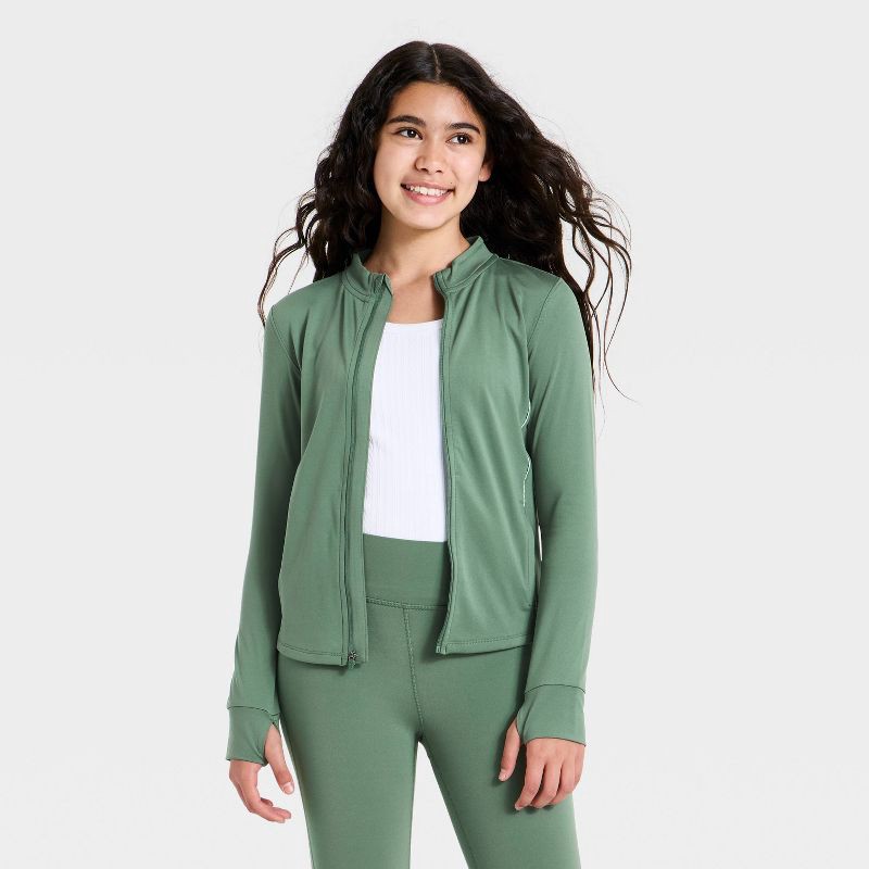 slide 1 of 3, Girls' Picot Trim Active Jacket - All In Motion™ Green XS, 1 ct