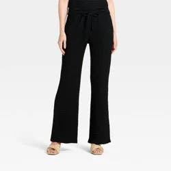 Women's Mid-Rise Tie-Front Textured Knit Pull-On Flare Pants - A New Day™ Black L