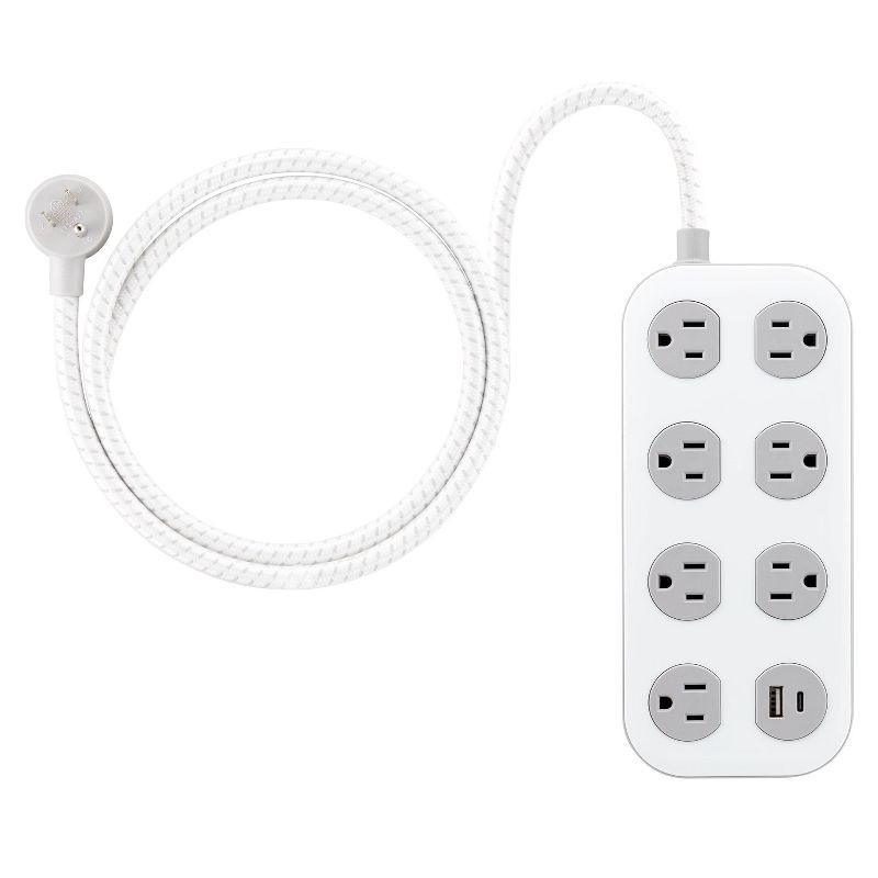 slide 1 of 7, General Electric Surge Protector 7 Outlet 1 USB-A 1 USB-C 12W 1470J 4' Braided Cord White, 4 ft