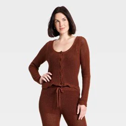 Women's Long Sleeve Button-Up Scalloped Hem Crochet Cardigan Sweater - A New Day™ Brown S