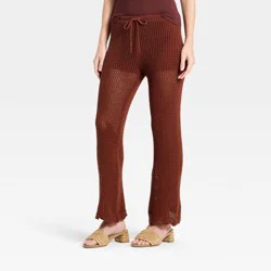 Women's Pull-On Tie-Front Scalloped Crochet Sweater Pants - A New Day™ Brown XS