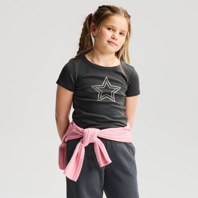 slide 1 of 3, Girls' Short Sleeve Fitted Studded 'star' Graphic T-Shirt - Cat & Jack™ Charcoal Gray S, SM