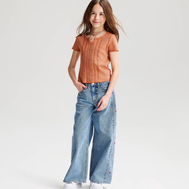 slide 1 of 3, Girls' Short Sleeve Fitted Lace Trim Waffle Knit T-Shirt - Cat & Jack™ Chestnut S, 1 ct
